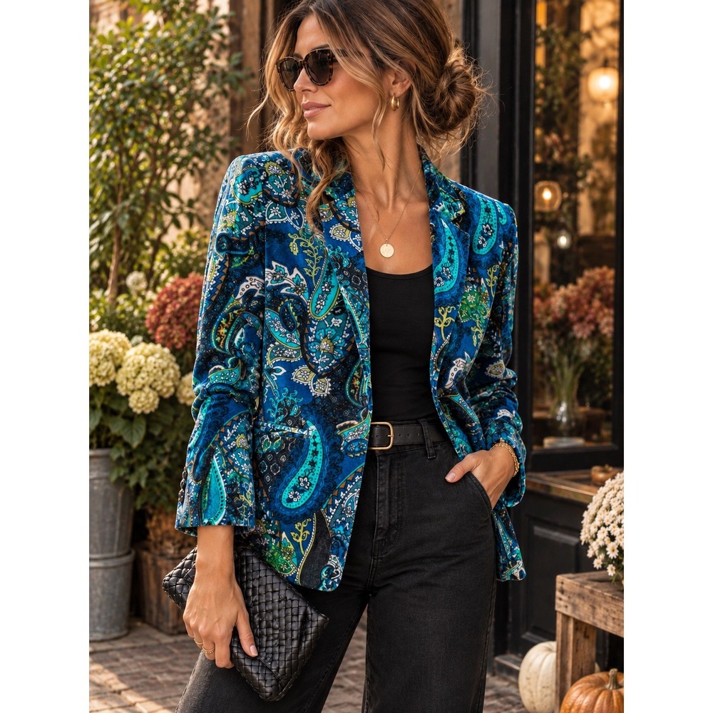 Chico's Size 1 Blue Teal Paisley Velvet Blazer Jacket Boho Artsy Statement